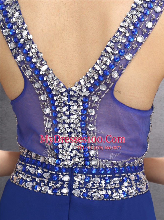 Discount V-neck Sleeveless Floor Length Beading Royal Blue Chiffon