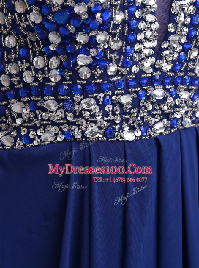 Discount V-neck Sleeveless Floor Length Beading Royal Blue Chiffon