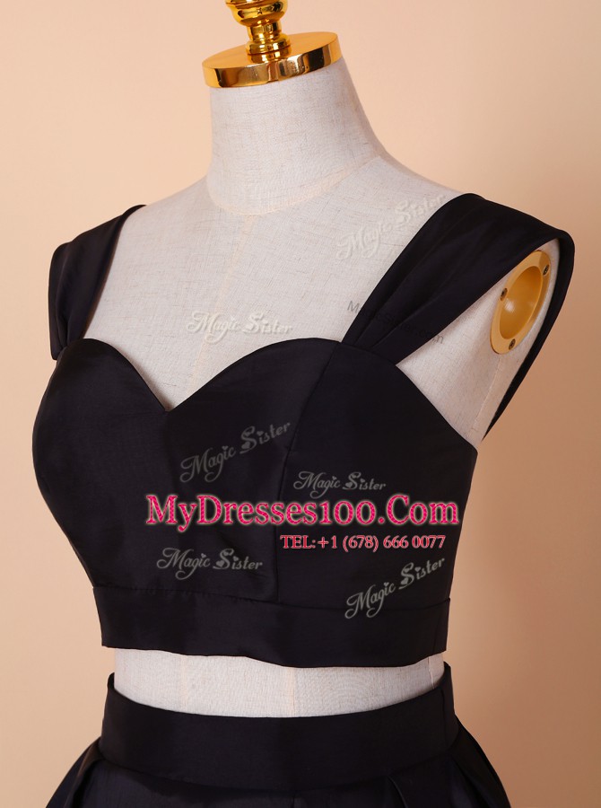 Designer Black Zipper Straps Ruching Prom Gown Elastic Woven Satin Sleeveless