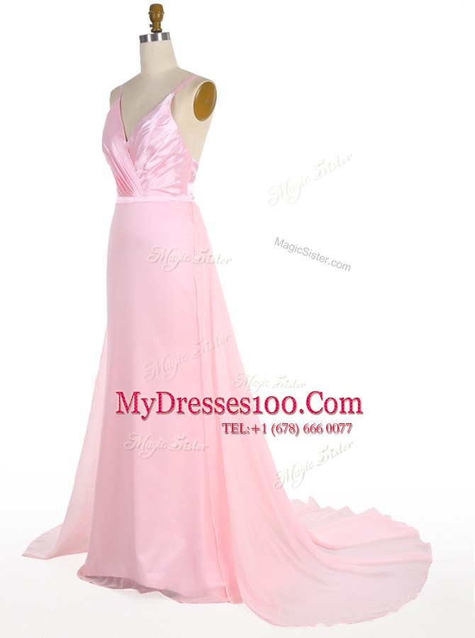 Mermaid Chiffon Spaghetti Straps Sleeveless Sweep Train Zipper Ruffles Homecoming Dress in Pink