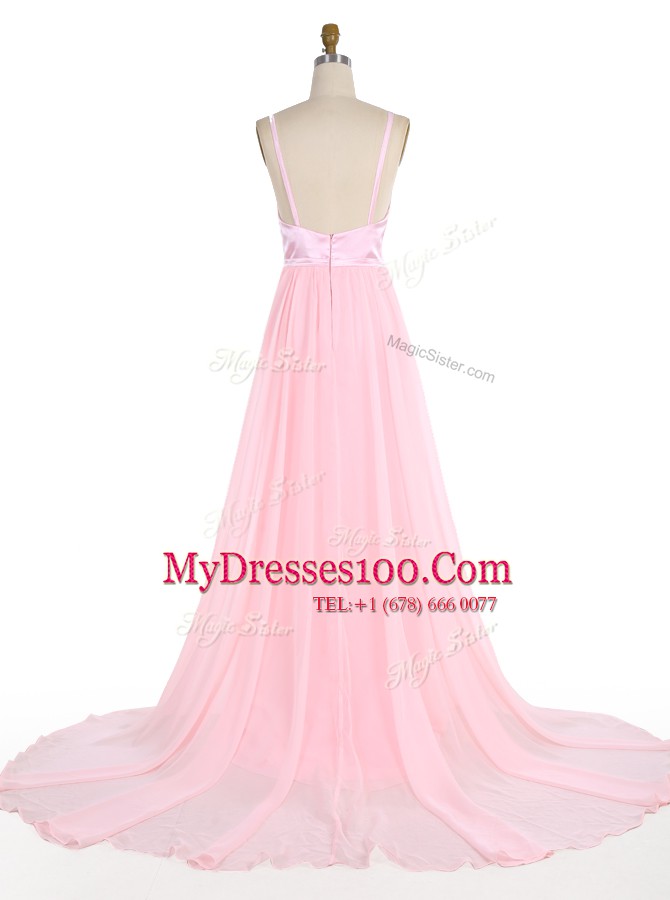 Mermaid Chiffon Spaghetti Straps Sleeveless Sweep Train Zipper Ruffles Homecoming Dress in Pink