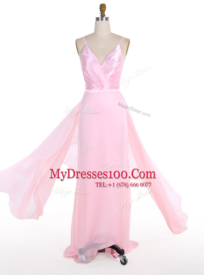 Mermaid Chiffon Spaghetti Straps Sleeveless Sweep Train Zipper Ruffles Homecoming Dress in Pink
