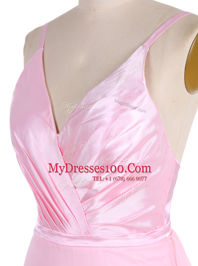 Mermaid Chiffon Spaghetti Straps Sleeveless Sweep Train Zipper Ruffles Homecoming Dress in Pink