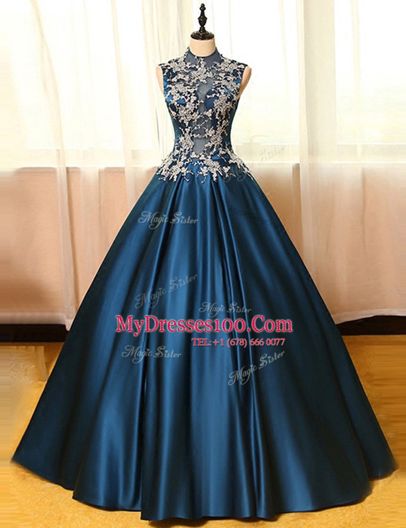 High Class Navy Blue High-neck Neckline Appliques Prom Gown Sleeveless Backless