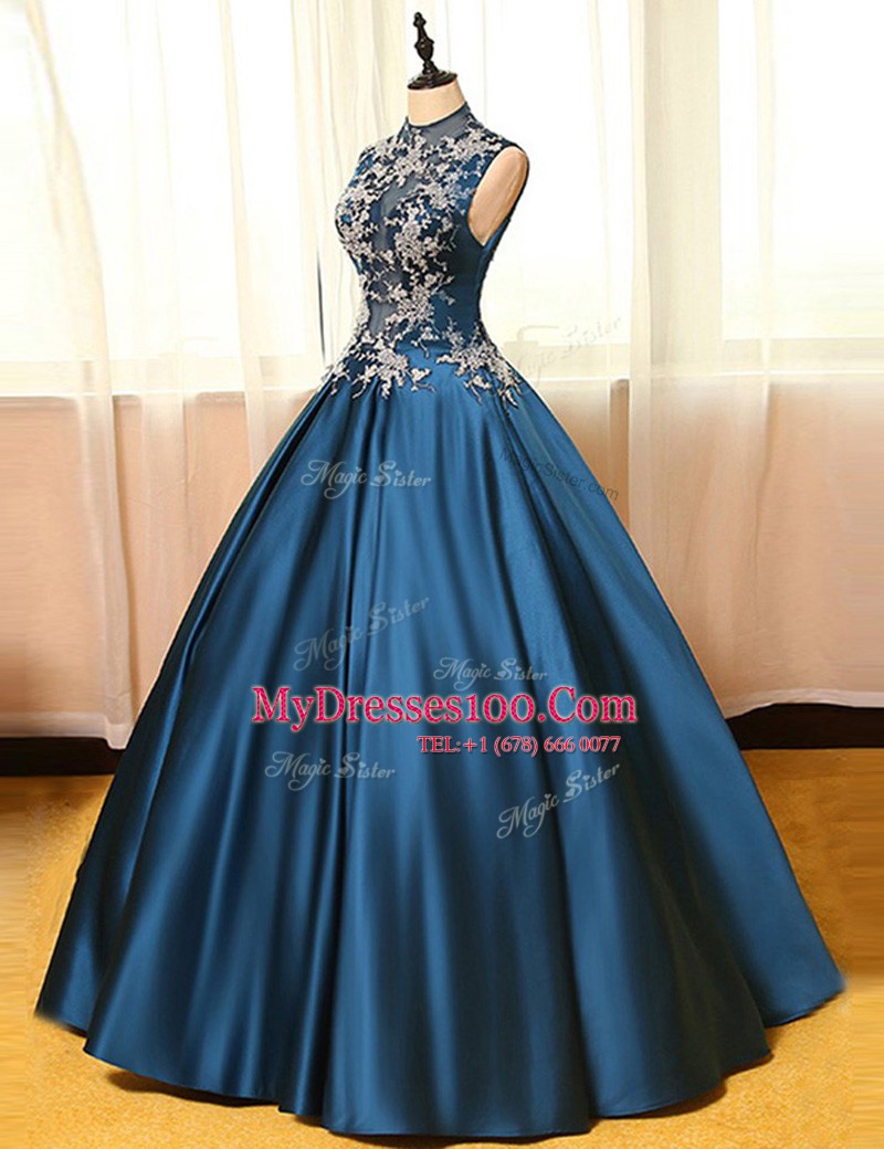 High Class Navy Blue High-neck Neckline Appliques Prom Gown Sleeveless Backless