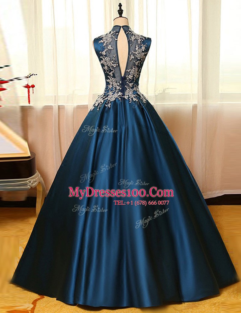 High Class Navy Blue High-neck Neckline Appliques Prom Gown Sleeveless Backless