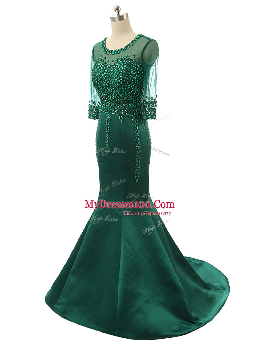 Mermaid Scoop 3 4 Length Sleeve Satin Brush Train Zipper Prom Evening Gown in Green with Beading