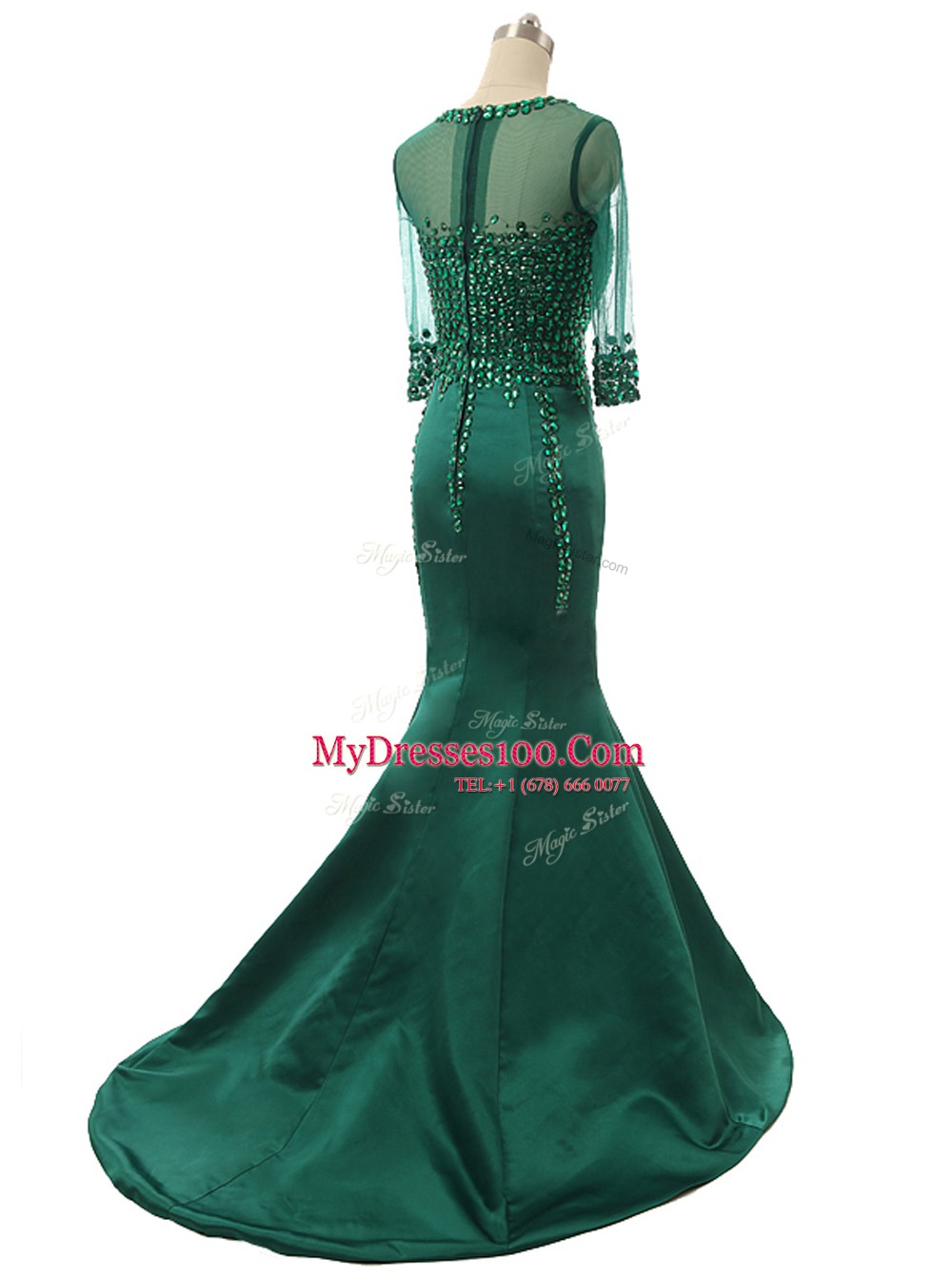 Mermaid Scoop 3 4 Length Sleeve Satin Brush Train Zipper Prom Evening Gown in Green with Beading