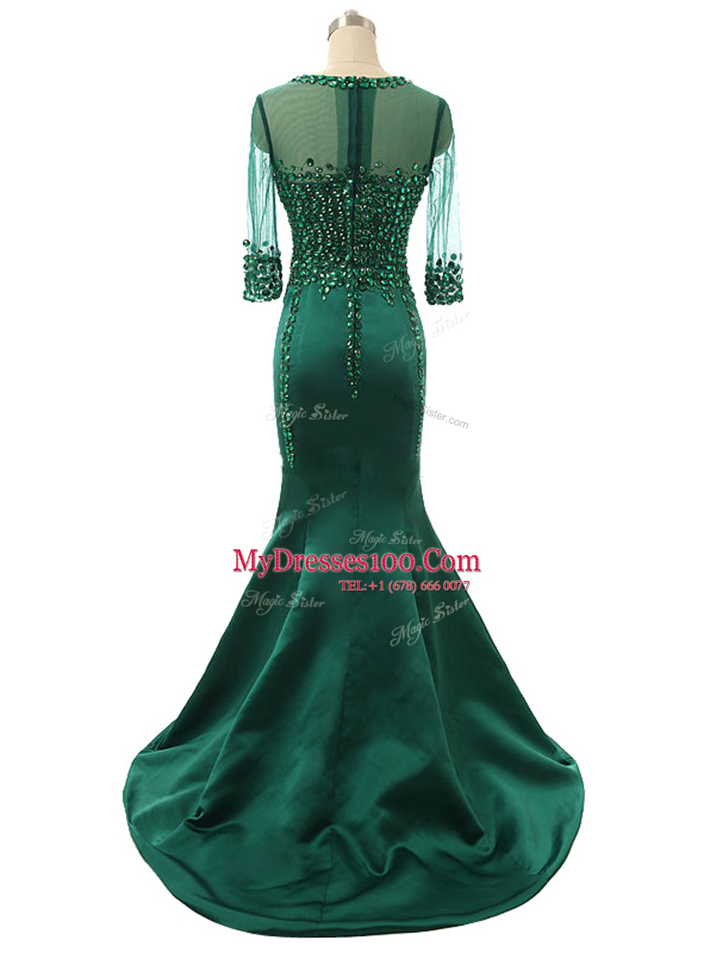 Mermaid Scoop 3 4 Length Sleeve Satin Brush Train Zipper Prom Evening Gown in Green with Beading