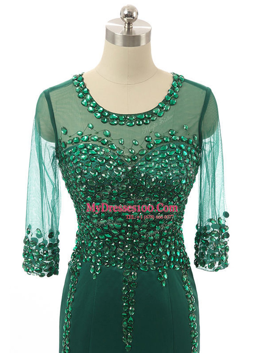 Mermaid Scoop 3 4 Length Sleeve Satin Brush Train Zipper Prom Evening Gown in Green with Beading