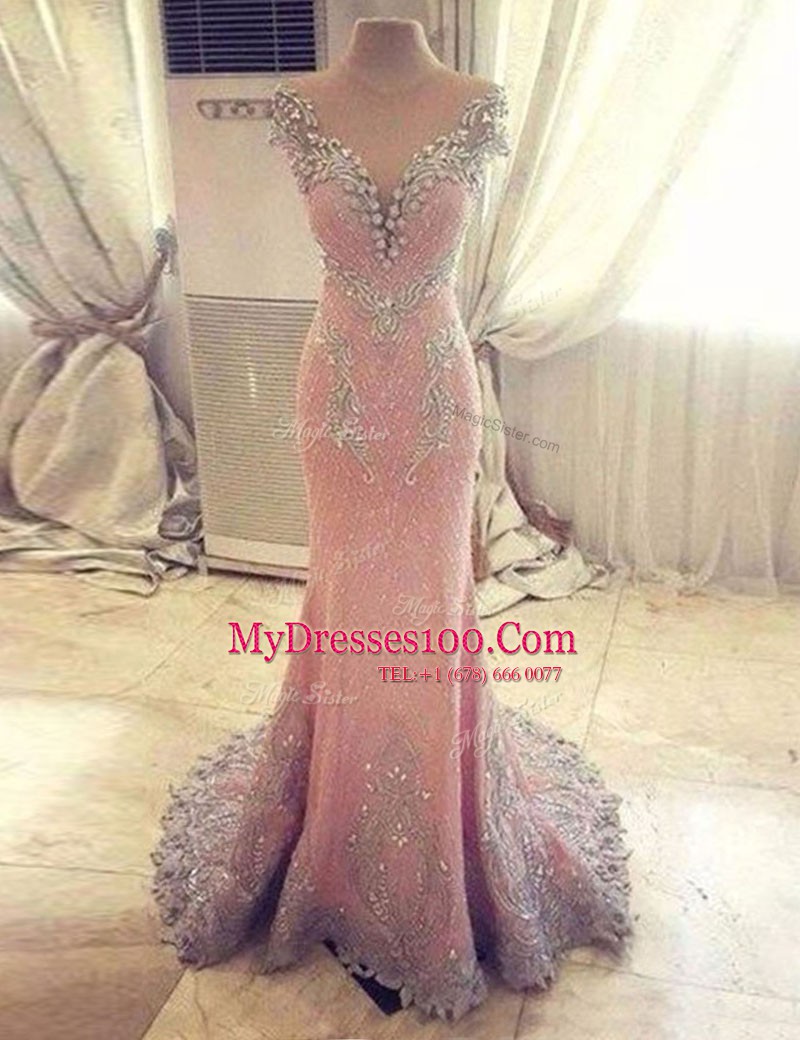 Mermaid Rose Pink Cap Sleeves With Train Beading and Appliques Clasp Handle Prom Gown