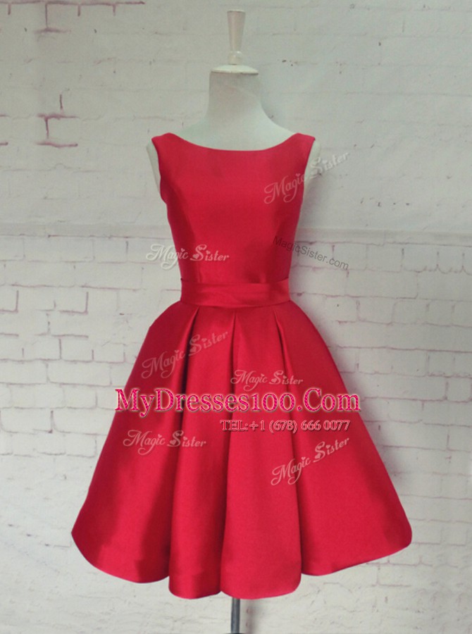 Artistic Red A-line Satin Bateau Sleeveless Ruching and Bowknot Knee Length Backless Evening Dress