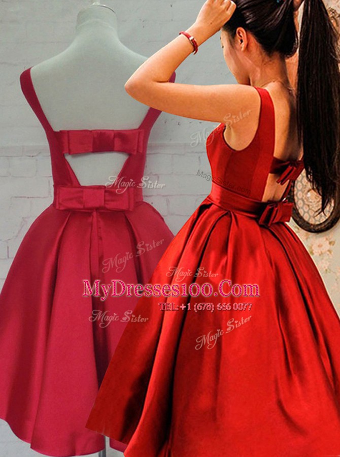 Artistic Red A-line Satin Bateau Sleeveless Ruching and Bowknot Knee Length Backless Evening Dress