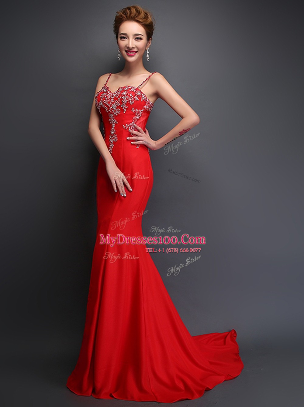 Gorgeous Mermaid Spaghetti Straps Sleeveless Brush Train Zipper Evening Outfits Red Satin