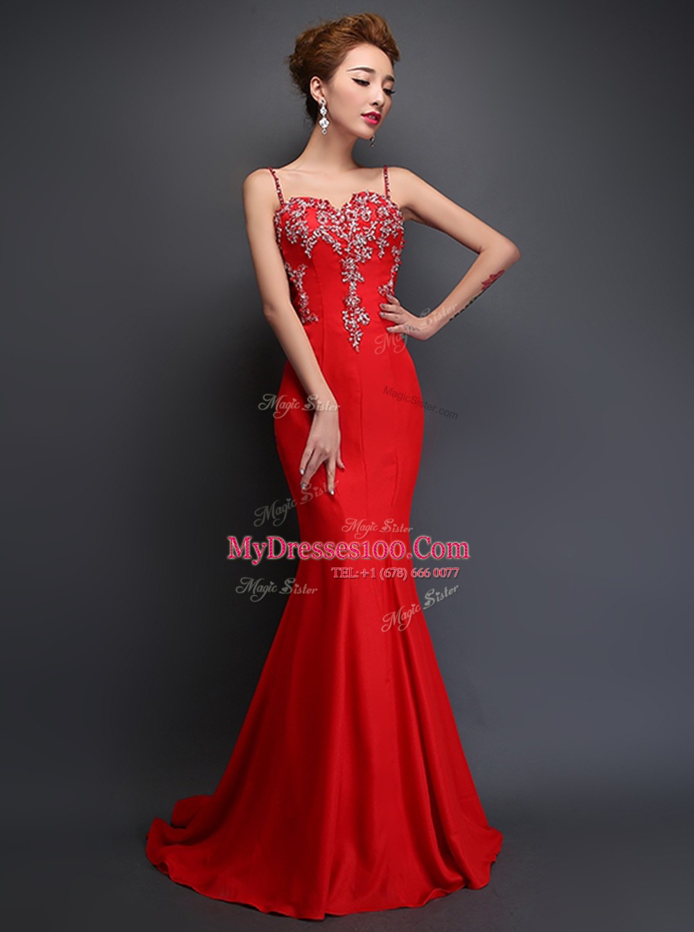 Gorgeous Mermaid Spaghetti Straps Sleeveless Brush Train Zipper Evening Outfits Red Satin