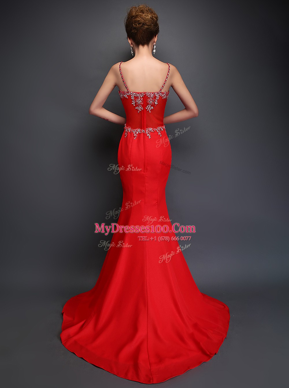 Gorgeous Mermaid Spaghetti Straps Sleeveless Brush Train Zipper Evening Outfits Red Satin