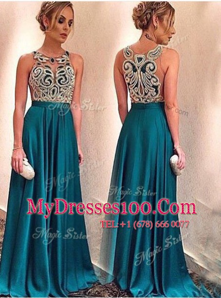 Teal A-line Satin Scoop Sleeveless Appliques Floor Length Zipper Prom Gown