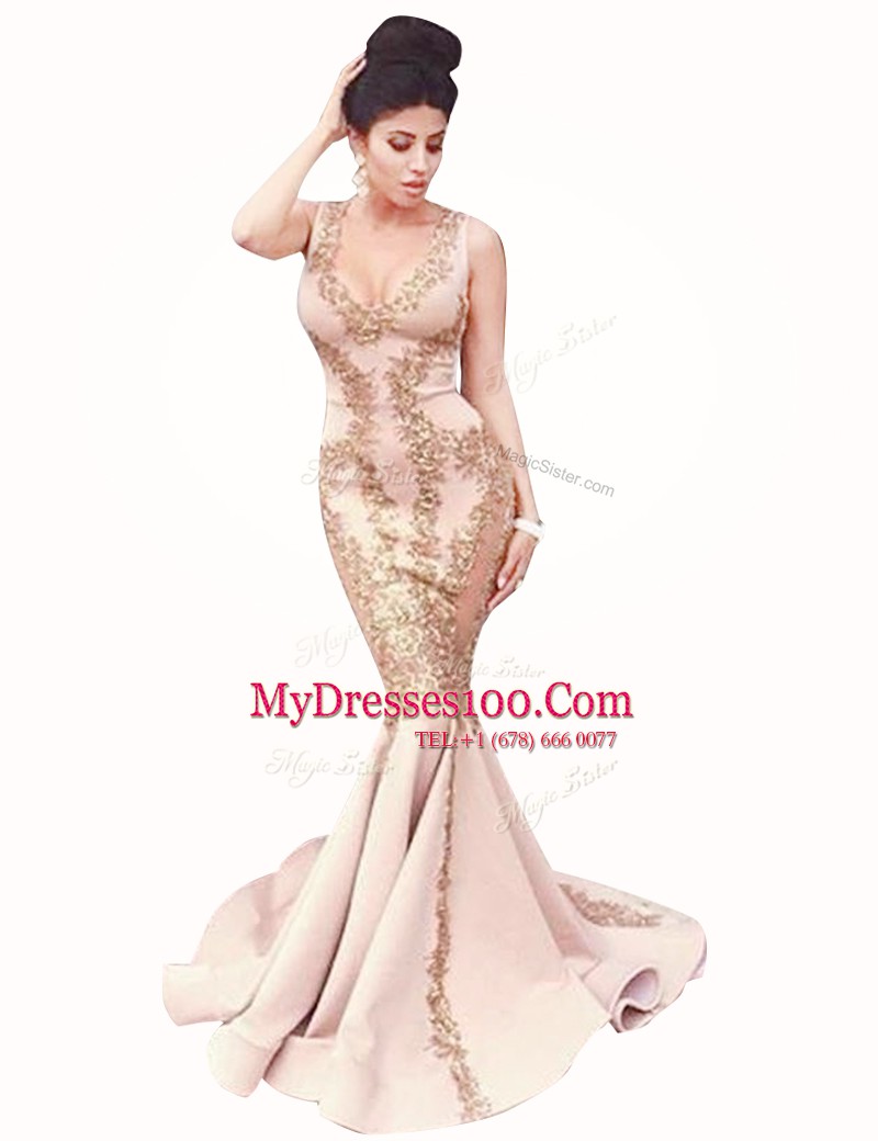 Mermaid Scoop Sleeveless Going Out Dresses With Brush Train Beading Peach Satin