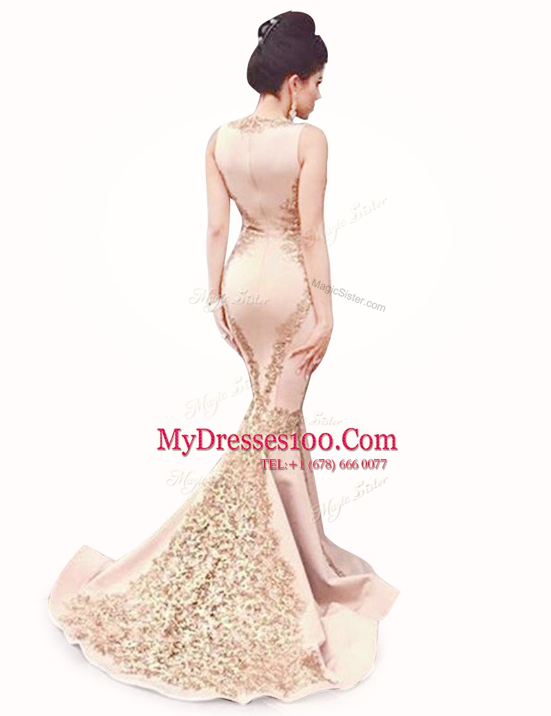 Mermaid Scoop Sleeveless Going Out Dresses With Brush Train Beading Peach Satin