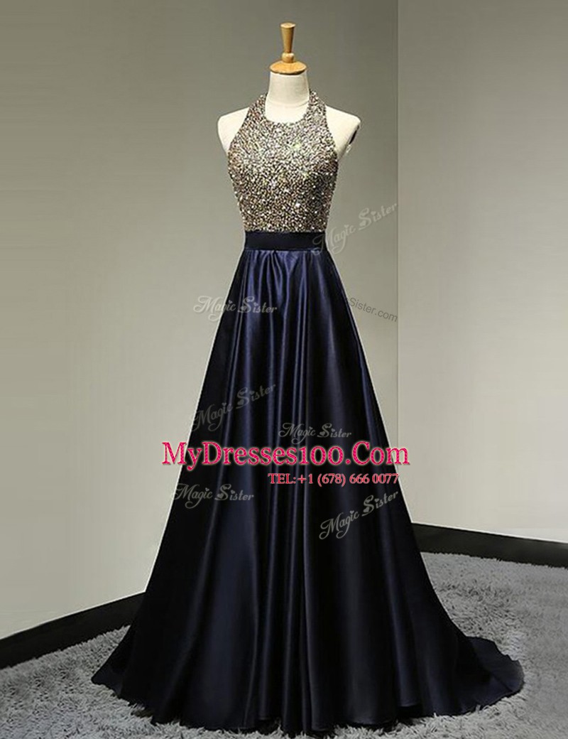 Stunning Scoop Black Satin Backless Evening Gowns Sleeveless With Brush Train Beading