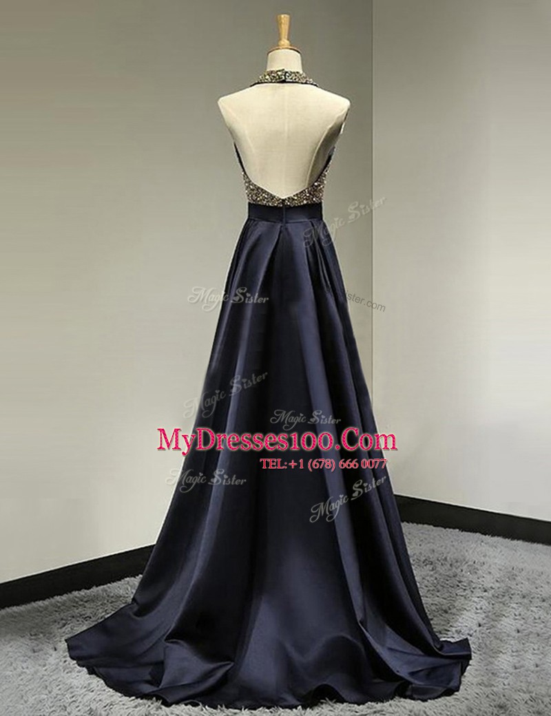 Stunning Scoop Black Satin Backless Evening Gowns Sleeveless With Brush Train Beading