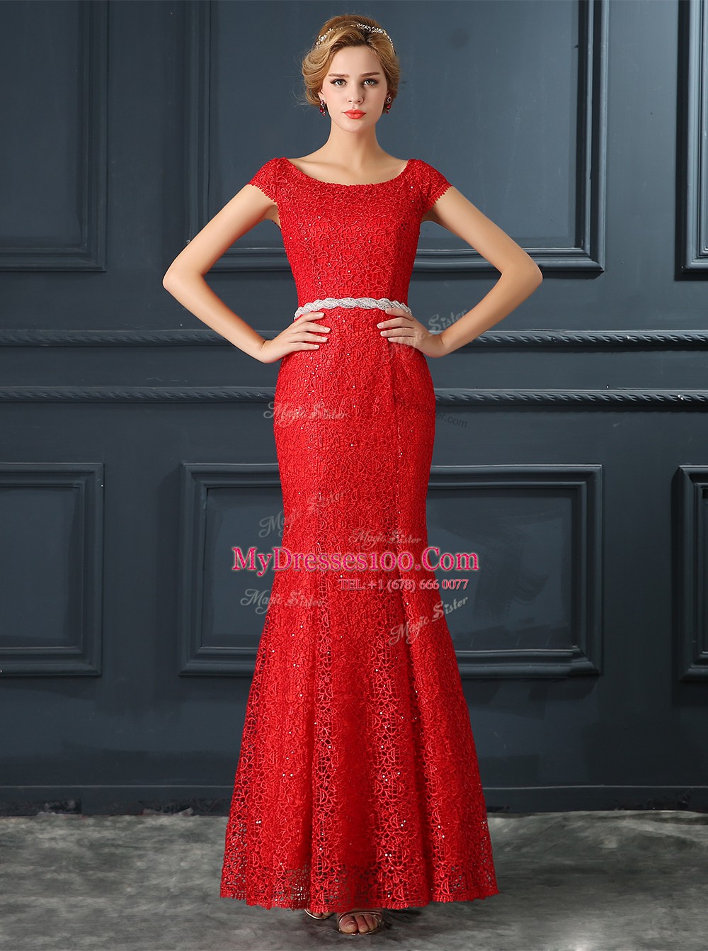 Glorious Red Mermaid Lace Scoop Cap Sleeves Beading Floor Length Lace Up Prom Gown