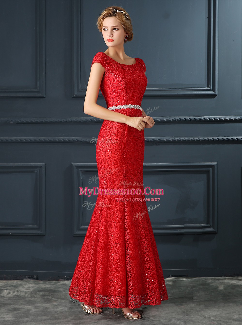 Glorious Red Mermaid Lace Scoop Cap Sleeves Beading Floor Length Lace Up Prom Gown