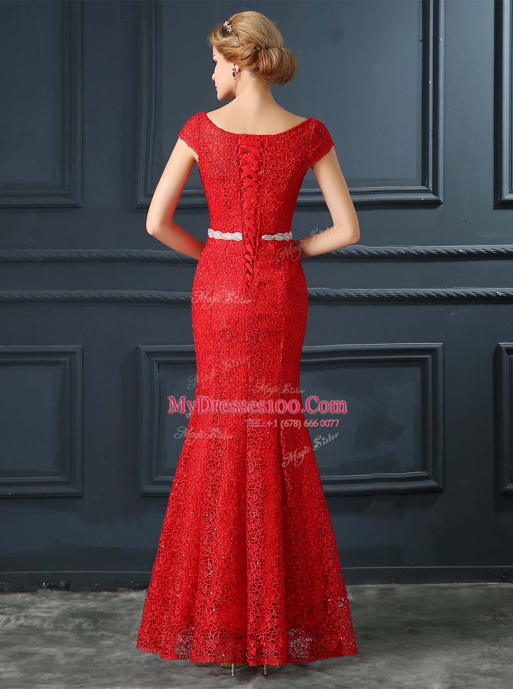 Glorious Red Mermaid Lace Scoop Cap Sleeves Beading Floor Length Lace Up Prom Gown