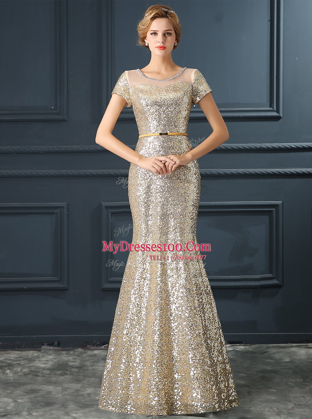Mermaid Champagne Sequined Zipper Scoop Cap Sleeves Floor Length Homecoming Dress Sequins and Belt