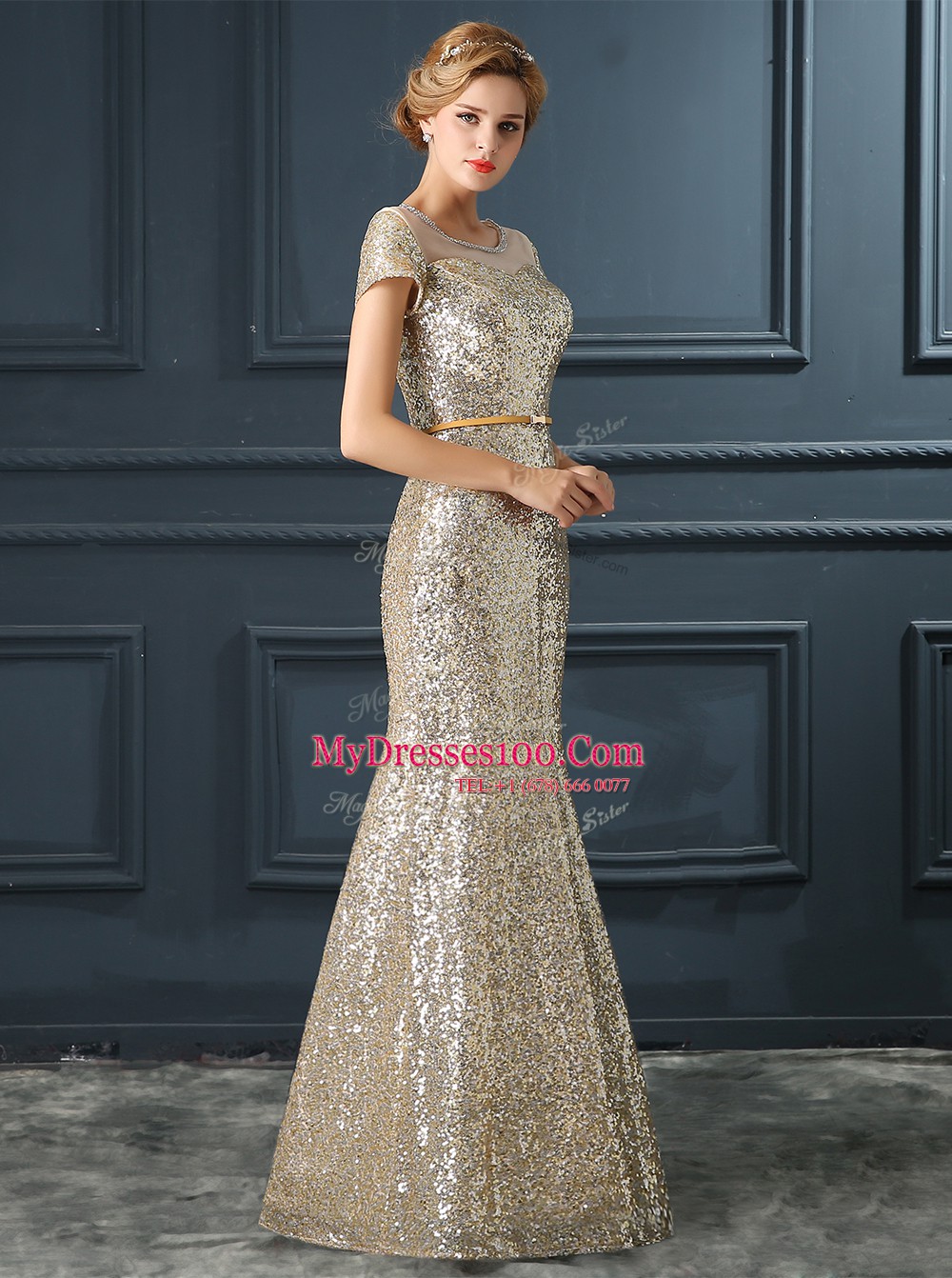 Mermaid Champagne Sequined Zipper Scoop Cap Sleeves Floor Length Homecoming Dress Sequins and Belt