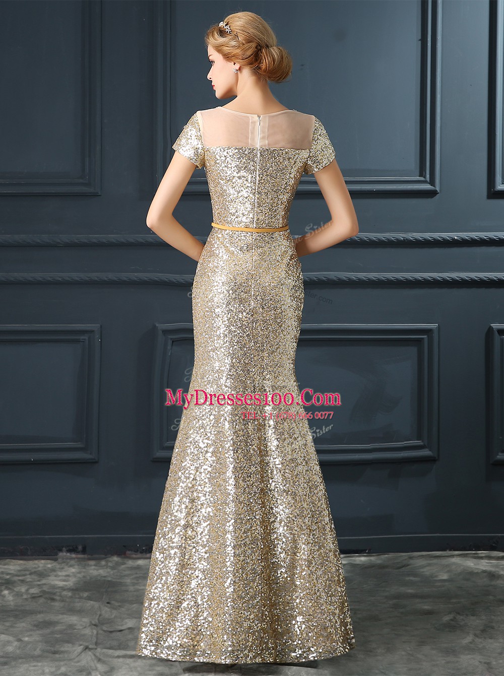Mermaid Champagne Sequined Zipper Scoop Cap Sleeves Floor Length Homecoming Dress Sequins and Belt