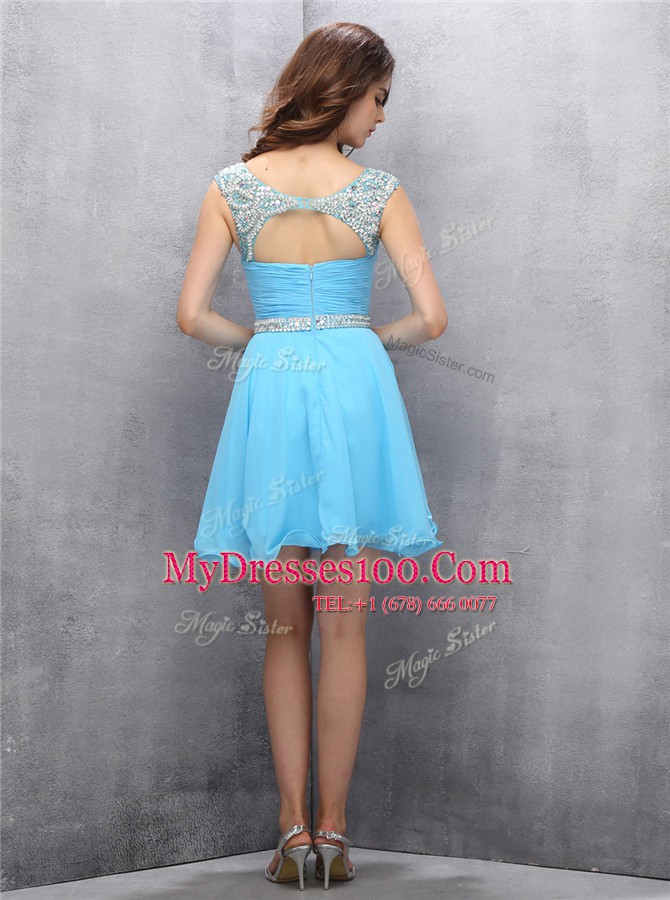 Unique Scoop Baby Blue Sleeveless Chiffon Zipper Dress for Prom for Prom