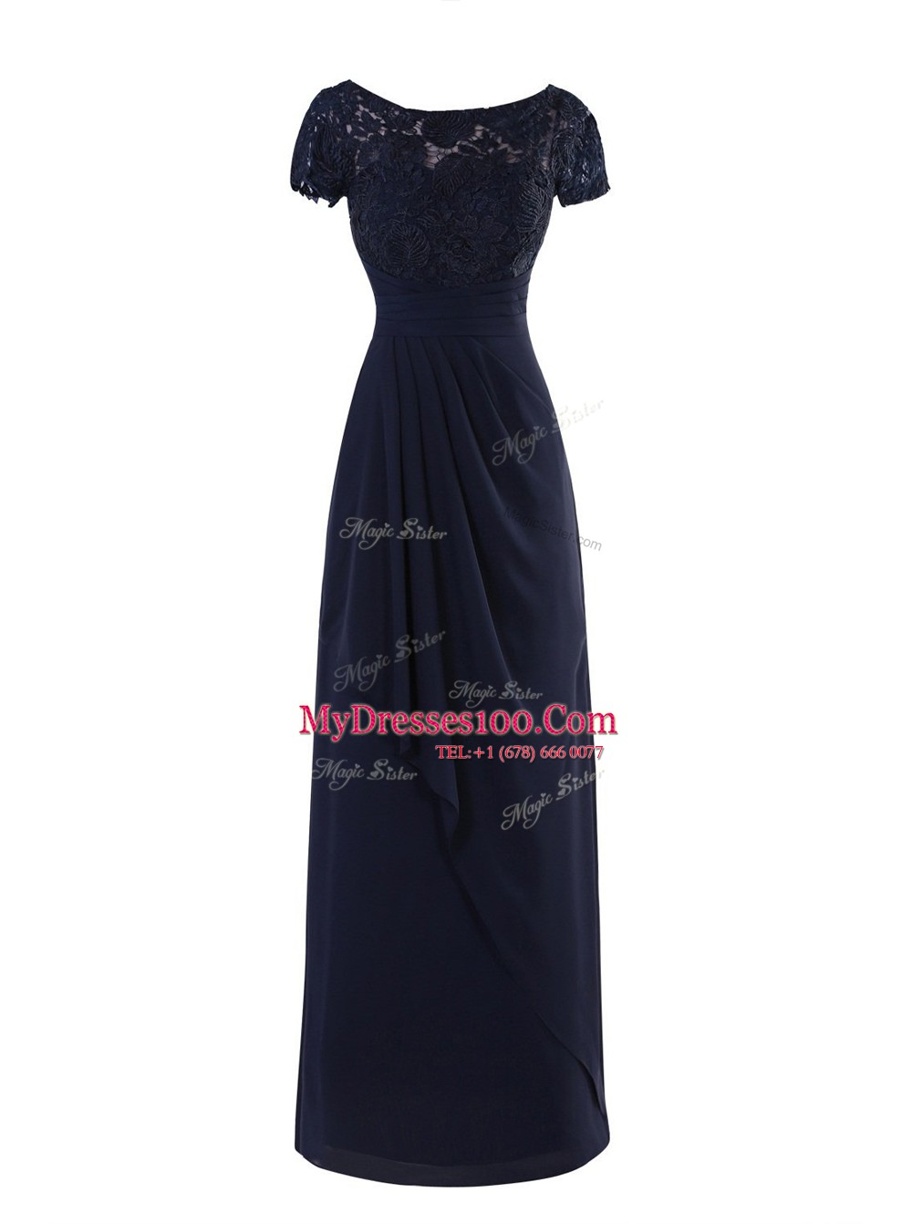 Navy Blue Scoop Neckline Lace and Ruching Mother Of The Bride Dress Short Sleeves Zipper