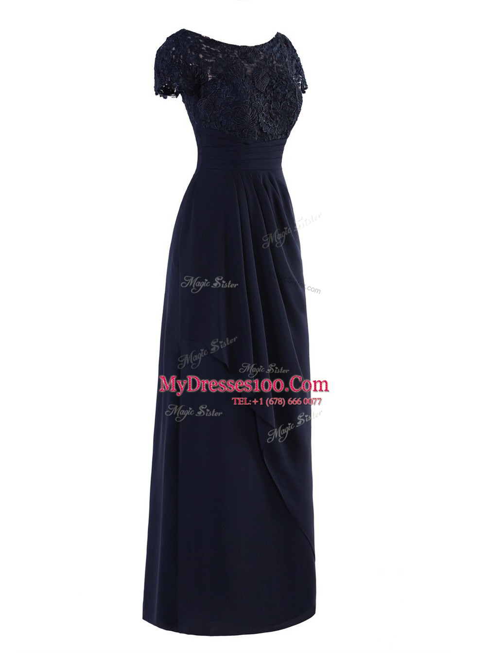 Navy Blue Scoop Neckline Lace and Ruching Mother Of The Bride Dress Short Sleeves Zipper