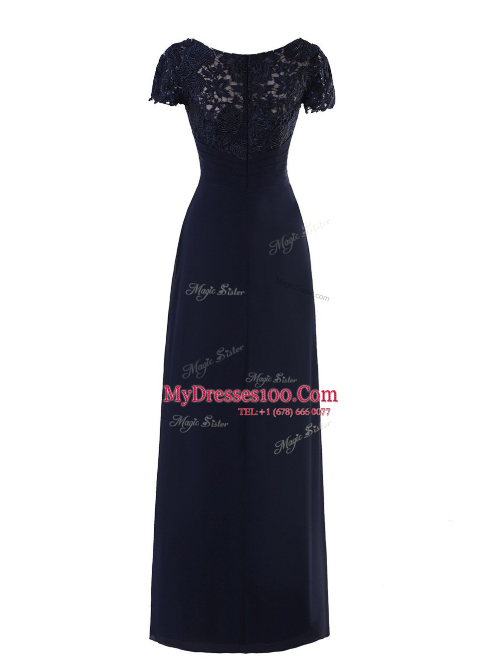 Navy Blue Scoop Neckline Lace and Ruching Mother Of The Bride Dress Short Sleeves Zipper