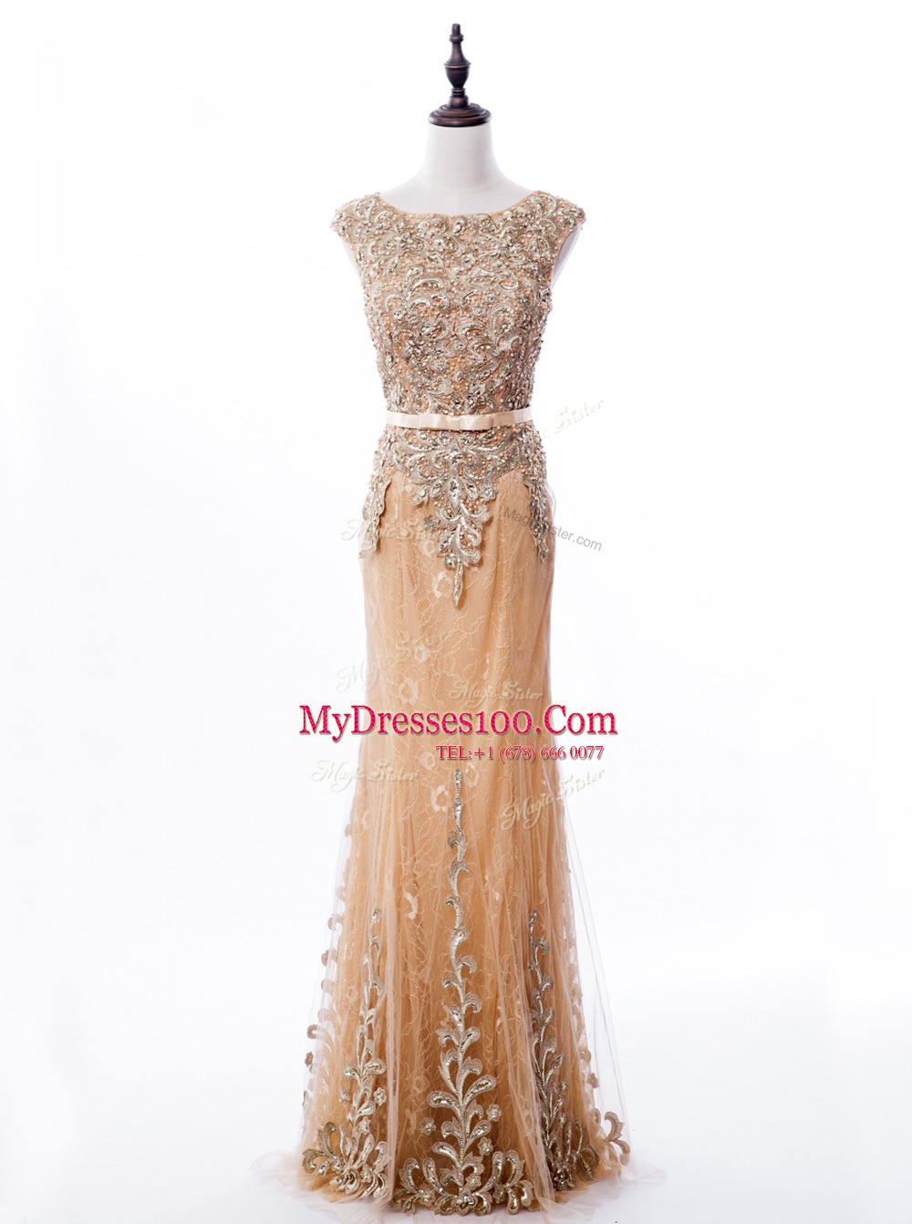 Mermaid Lace Scoop Sleeveless Brush Train Zipper Beading Prom Dress in Gold