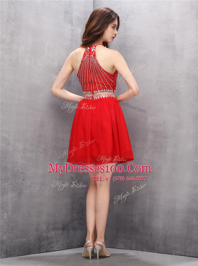 Red Scoop Neckline Beading Evening Outfits Sleeveless Zipper