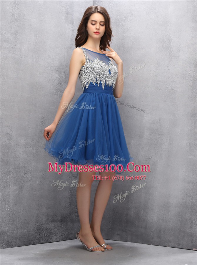 Scoop Navy Blue Sleeveless Tulle Zipper Evening Dress for Prom and Party