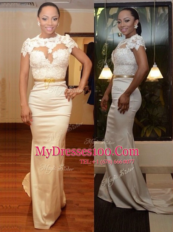 Artistic White Mermaid Scoop Cap Sleeves Satin Court Train Zipper Appliques Dress for Prom