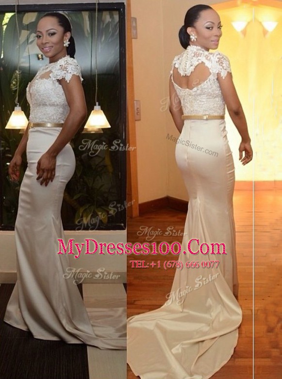 Artistic White Mermaid Scoop Cap Sleeves Satin Court Train Zipper Appliques Dress for Prom