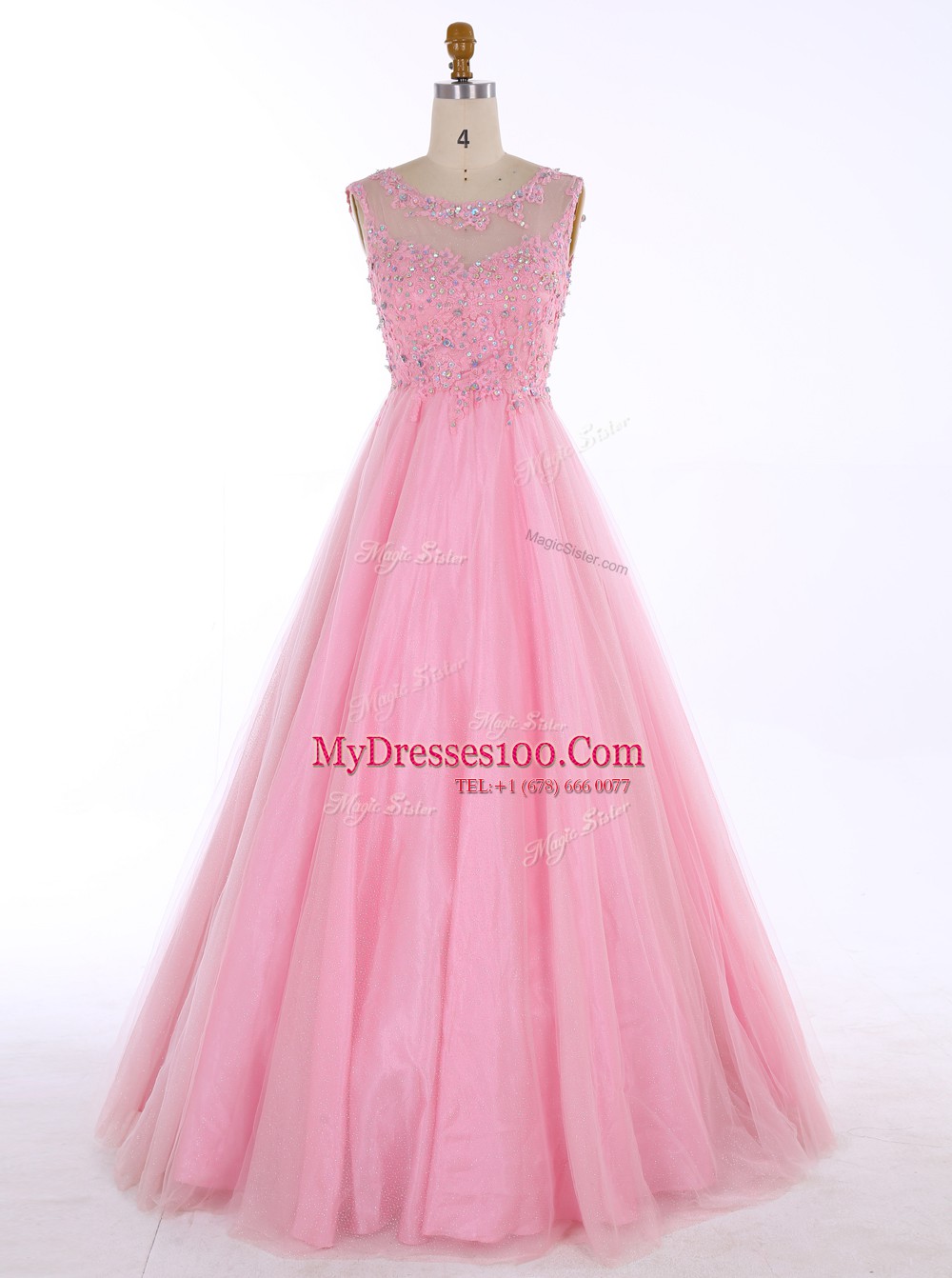 Fantastic Scoop Baby Pink A-line Beading and Appliques Prom Dress Backless Satin Sleeveless Floor Length