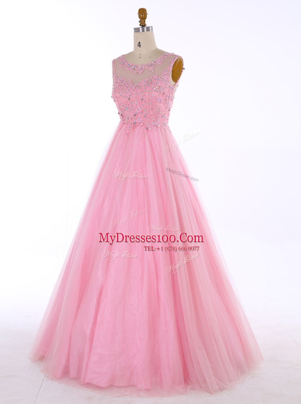 Fantastic Scoop Baby Pink A-line Beading and Appliques Prom Dress Backless Satin Sleeveless Floor Length