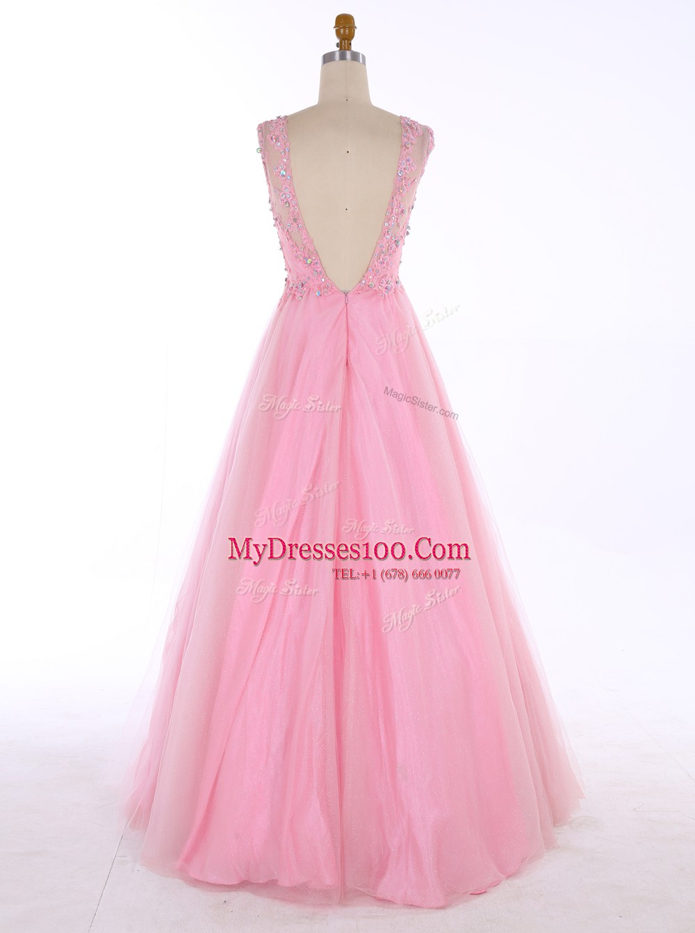 Fantastic Scoop Baby Pink A-line Beading and Appliques Prom Dress Backless Satin Sleeveless Floor Length