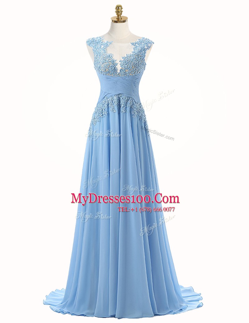 Scoop Sleeveless Brush Train Zipper With Train Appliques Prom Party Dress