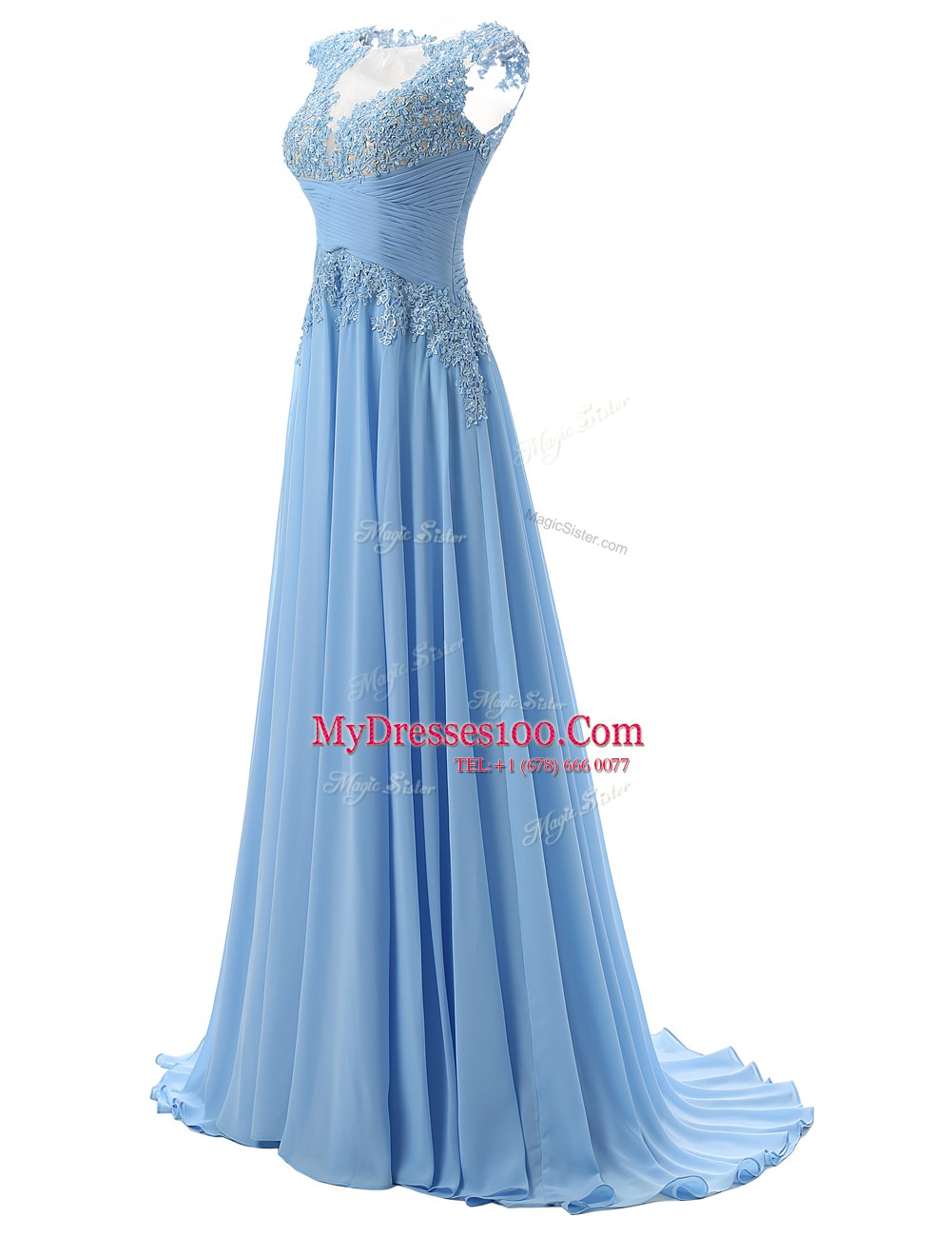 Scoop Sleeveless Brush Train Zipper With Train Appliques Prom Party Dress