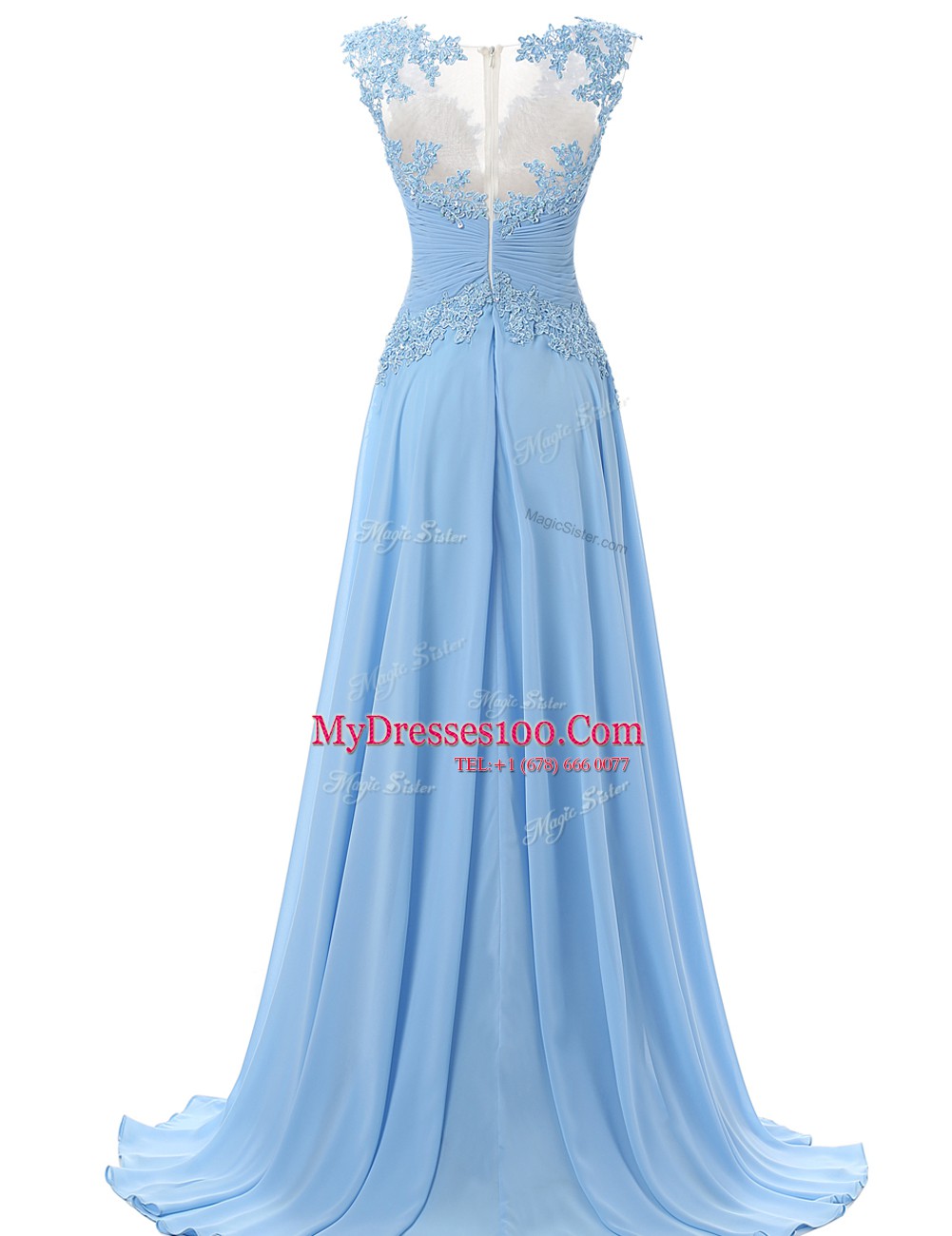 Scoop Sleeveless Brush Train Zipper With Train Appliques Prom Party Dress