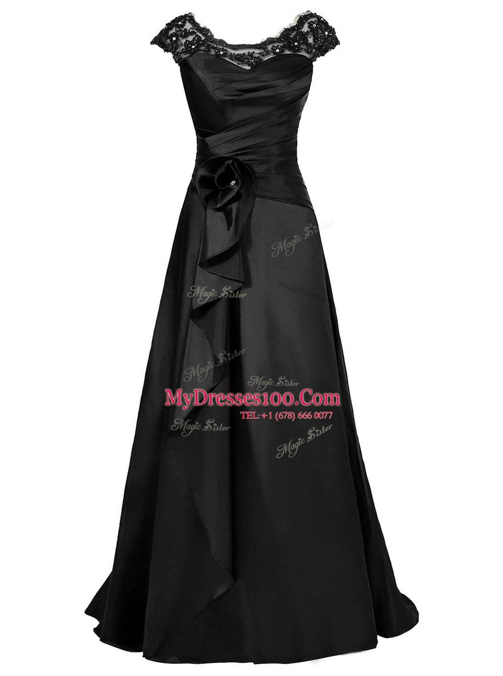 Exceptional Scoop Cap Sleeves Floor Length Beading and Appliques Zipper Mother Of The Bride Dress with Black