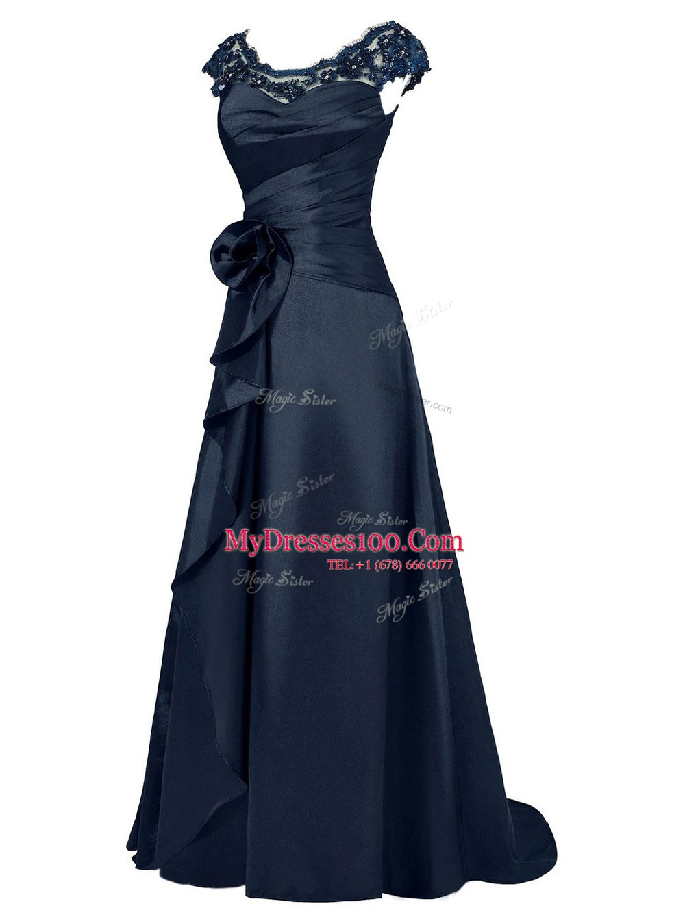 Exceptional Scoop Cap Sleeves Floor Length Beading and Appliques Zipper Mother Of The Bride Dress with Black