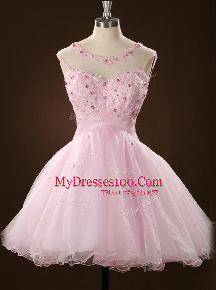 Extravagant Scoop Pink Sleeveless Mini Length Beading and Appliques Zipper Juniors Evening Dress
