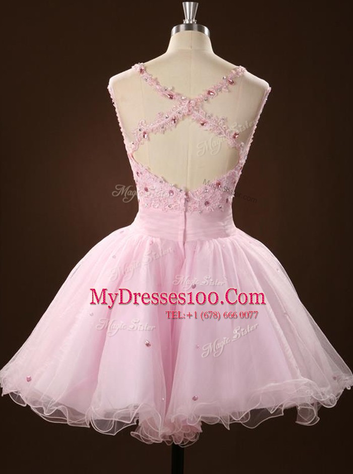 Extravagant Scoop Pink Sleeveless Mini Length Beading and Appliques Zipper Juniors Evening Dress